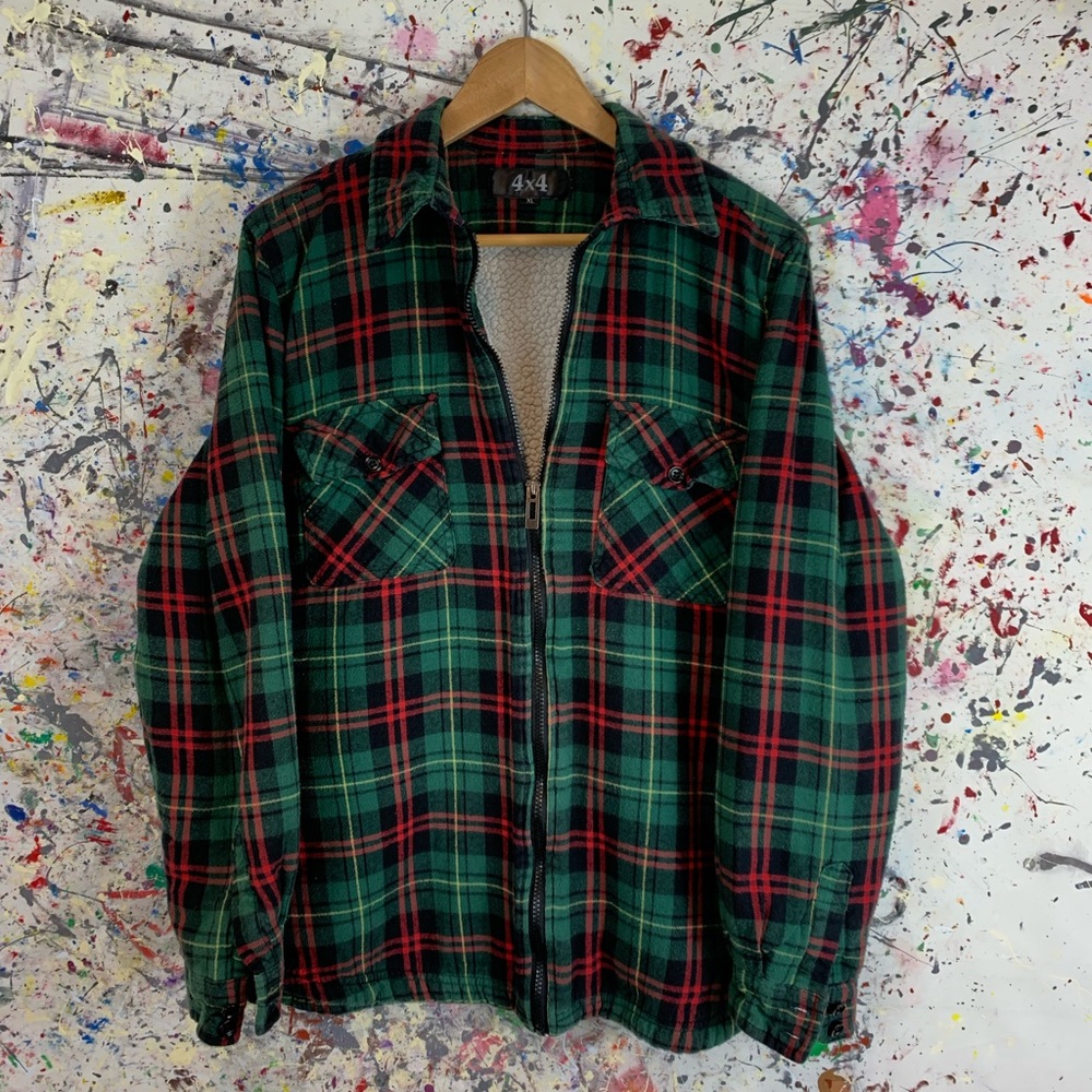 4x4 Full Zip Flannel Shirt (Fleece Lined Green & Red Plaid)